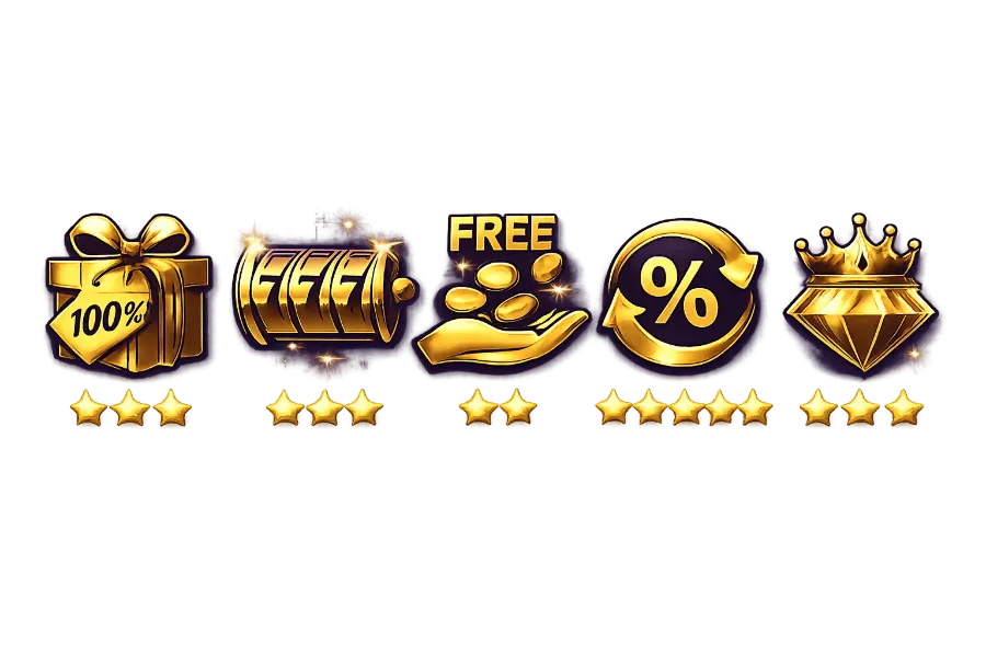 Comparison table of 5 casino bonus types: welcome bonuses, free spins, no deposit, cashback, and high roller bonuses with wagering requirements