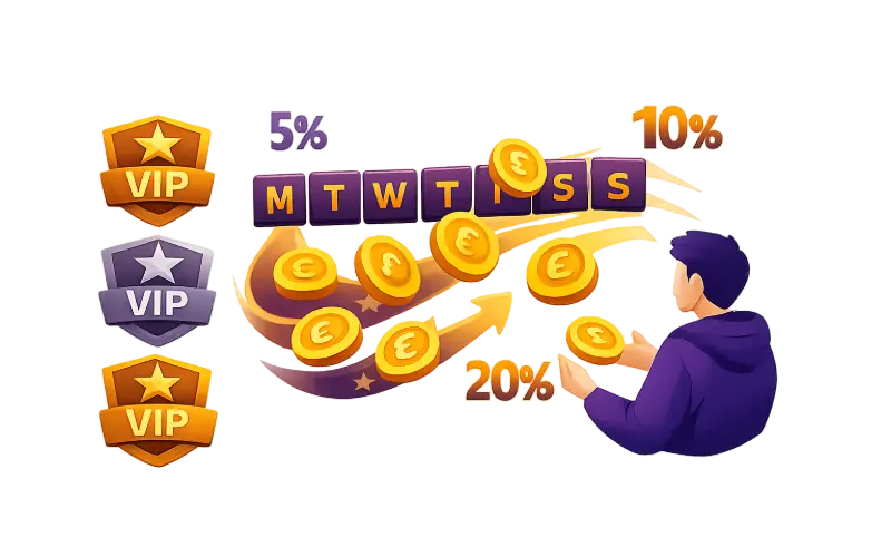 Cashback bonus illustration with weekly percentage returns and VIP loyalty tiers