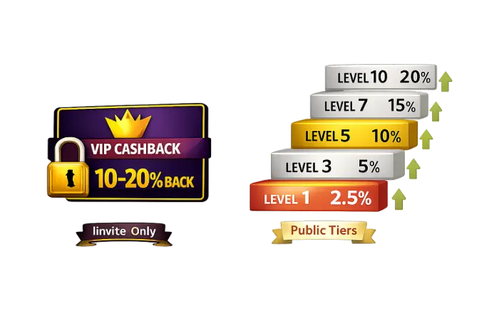 Comparison of invite-only VIP cashback programs versus public tier-based cashback systems, showing percentage rates and accessibility differences
