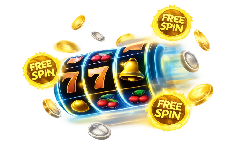Free spins bonus illustration with slot reels, spinning coins and free spin badges