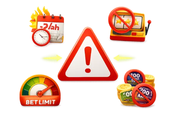 Warning illustration showing common free spins mistakes: expired batches, wrong games, bet limit violations, and mixing bonuses