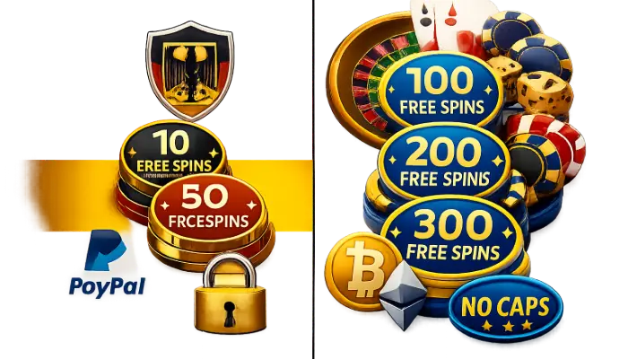 Comparison of German-licensed casinos (10-100 free spins, legal protection) versus offshore casinos (100-300 free spins, crypto options, no deposit caps)
