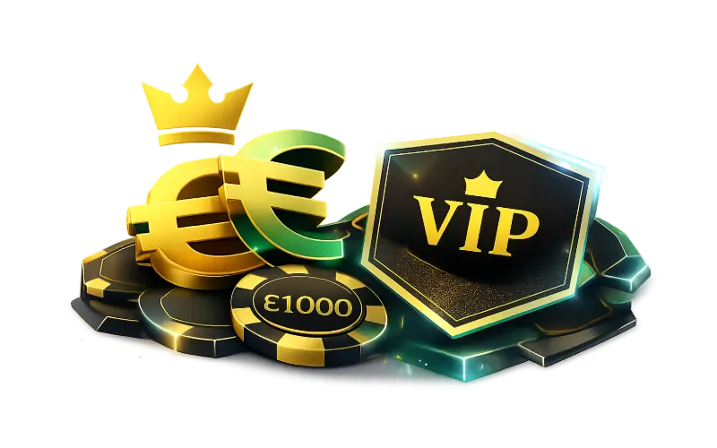 High-roller casino bonus illustration with premium chips, VIP card and large euro denominations