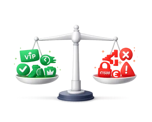 Balanced scale showing green checkmarks for pros and red X marks for cons of high-roller bonuses