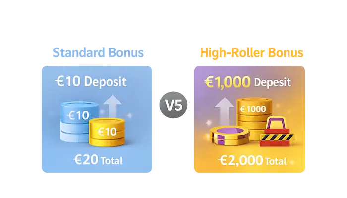 Side-by-side comparison showing standard bonus (€10 deposit) versus high-roller bonus (€1,000 deposit) scale difference