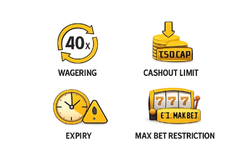 Infographic showing the 4 critical bonus terms to check: wagering requirements, cashout cap, expiry timer, and max bet limit