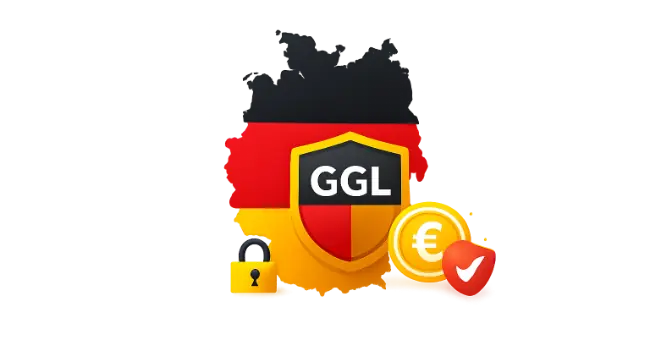 Germany map silhouette with GGL shield badge and protection symbols