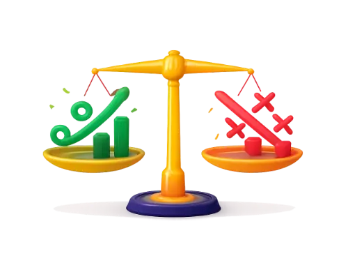 Balanced scale showing green checkmarks on one side and red X marks on the other