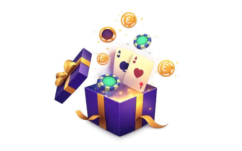 Welcome bonus illustration showing gift box with casino chips and euro symbols