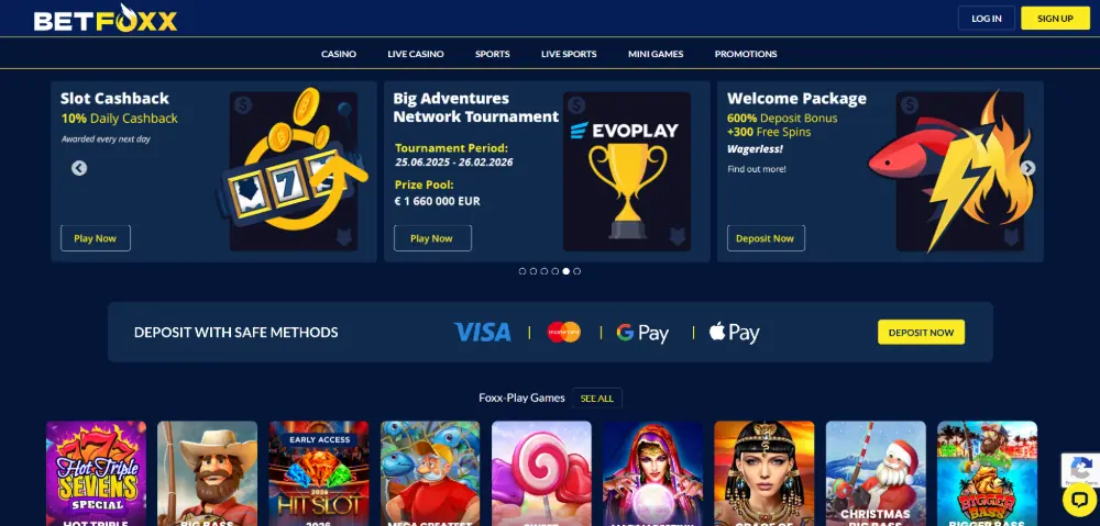 BetFoxx Casino lobby on desktop
