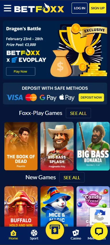 BetFoxx Casino lobby displayed on mobile phone