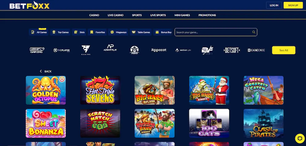 BetFoxx Casino slots page on desktop