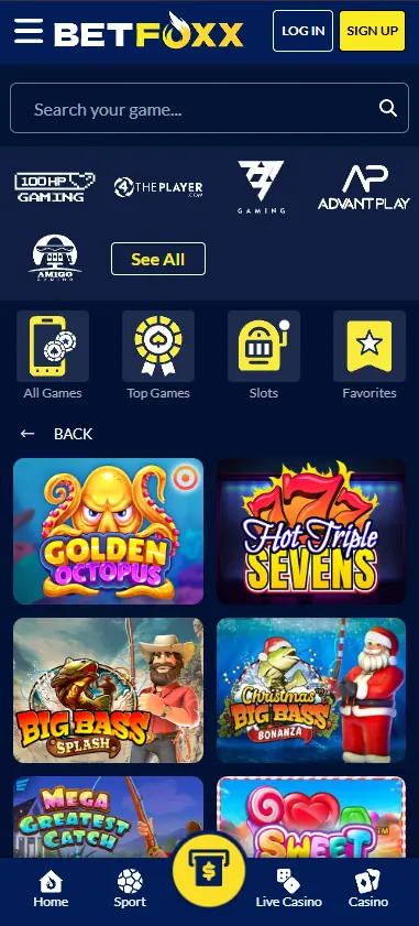 BetFoxx Casino slots page on mobile