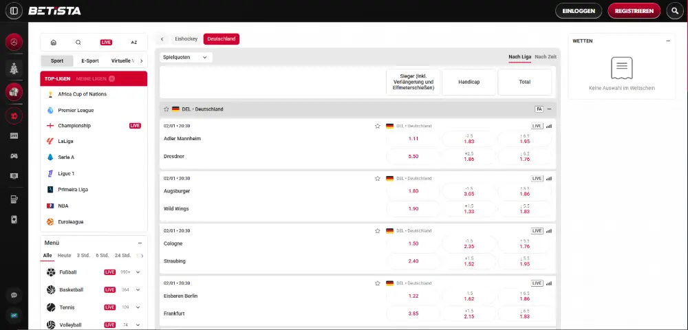 Betista ice hockey sportsbook on desktop – NHL and DEL betting markets