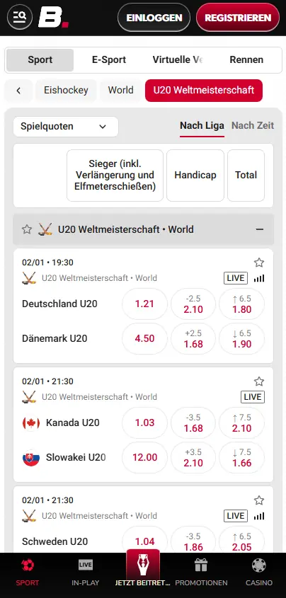 Betista ice hockey betting on mobile – U20 World Championship markets