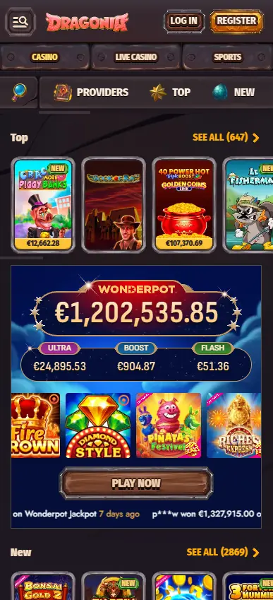 Dragonia Casino games lobby on mobile