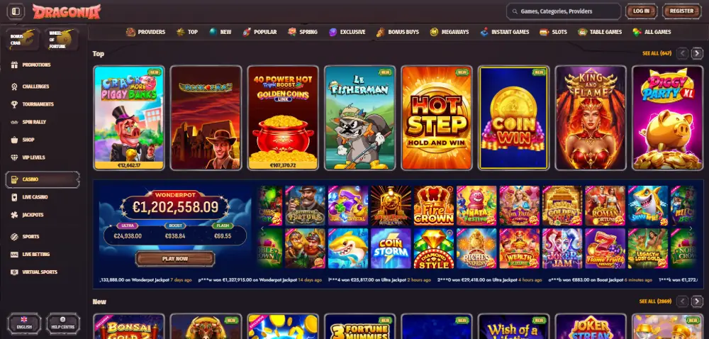 Dragonia Casino games lobby on desktop