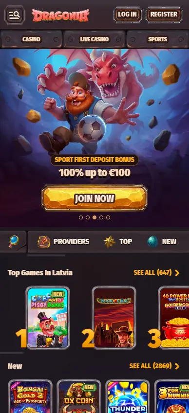 Dragonia Casino homepage on mobile