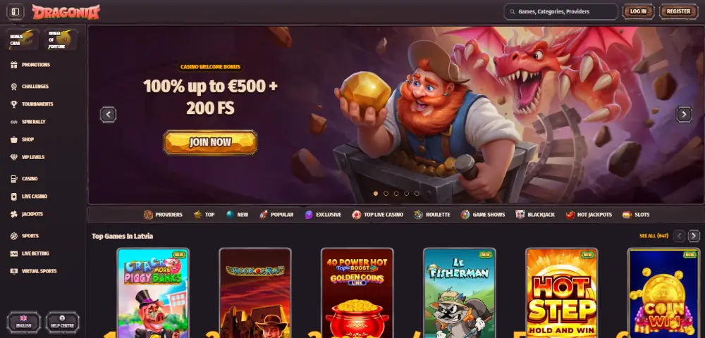 Dragonia Casino homepage on desktop