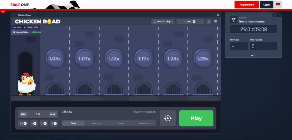 Chicken Road instant win game at F1 Casino displayed on desktop with multipliers and betting controls