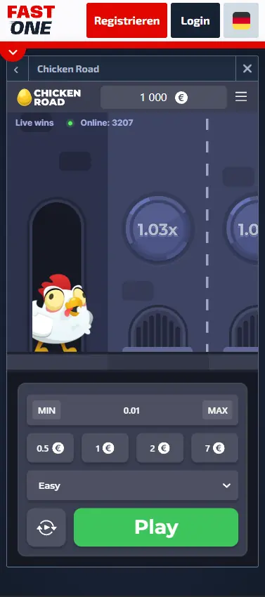 Chicken Road game at F1 Casino on mobile device showing bet sizes, difficulty settings and live players