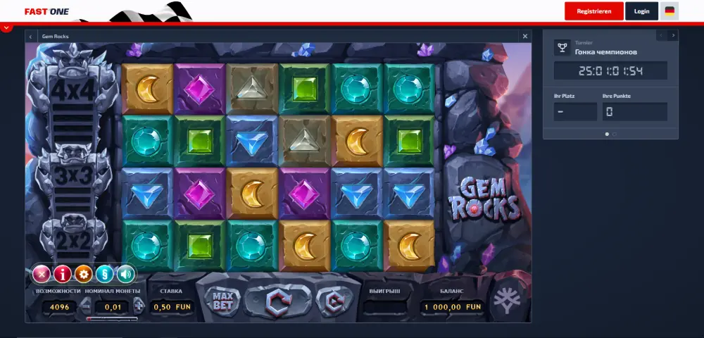 Gem Rocks slot game at F1 Casino on desktop with expanding grid mechanics and gemstone symbols