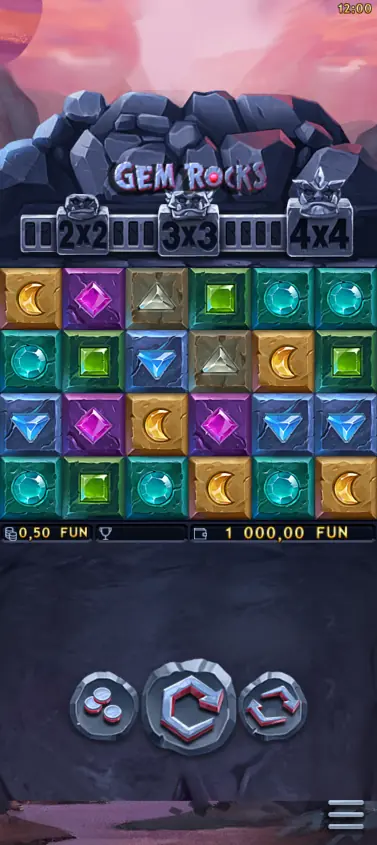 Gem Rocks slot game at F1 Casino on mobile screen with 2x2, 3x3 and 4x4 grid options