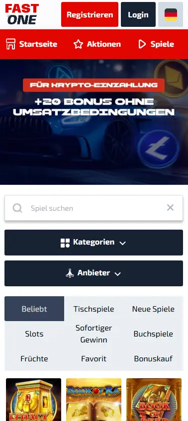F1 Casino mobile lobby for German players showing game categories, slot thumbnails and €20 bonus banner