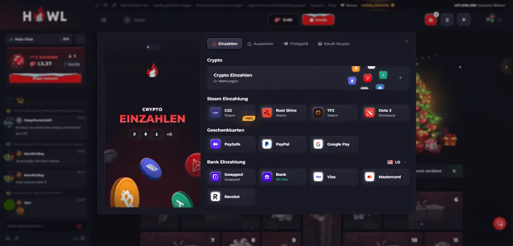 Howl Casino desktop cashier payments