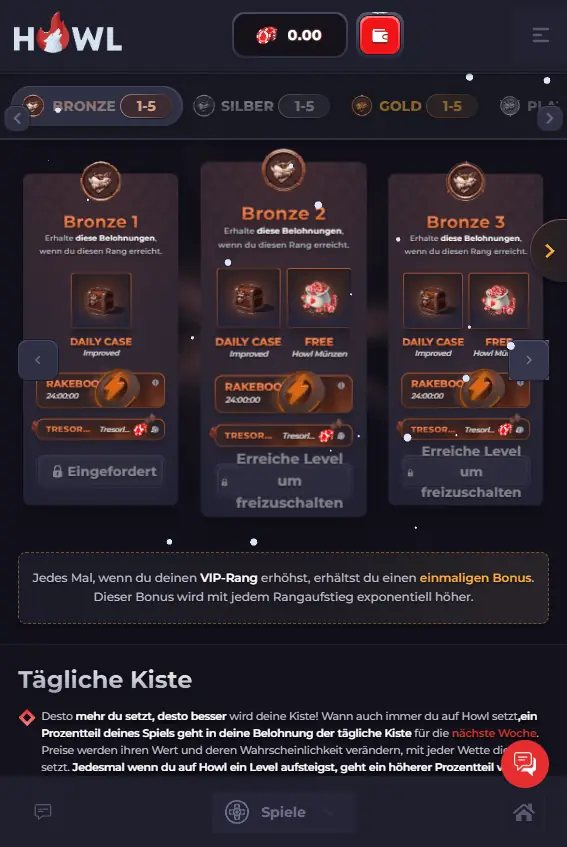 Howl Casino VIP levels mobile