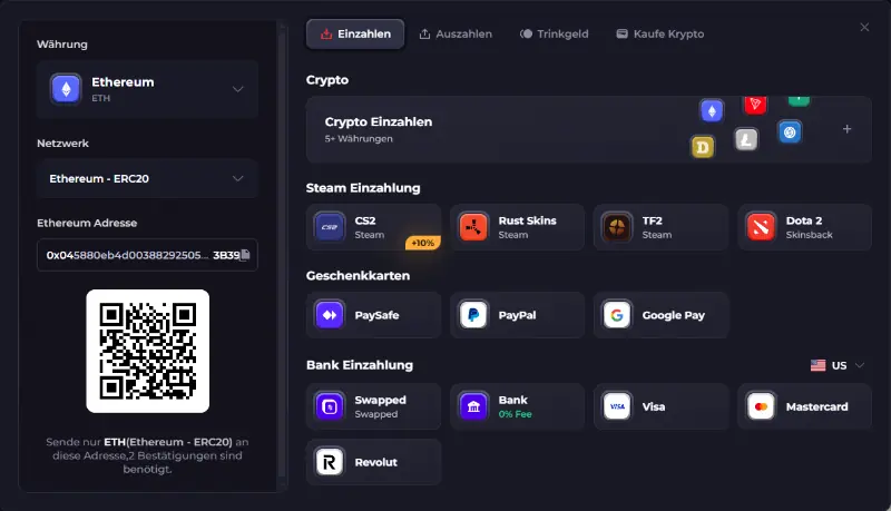 Howl Casino cryptocurrency deposit interface showing Ethereum wallet address and QR code for deposits