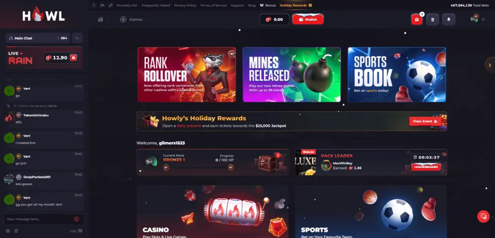Howl Casino desktop lobby overview