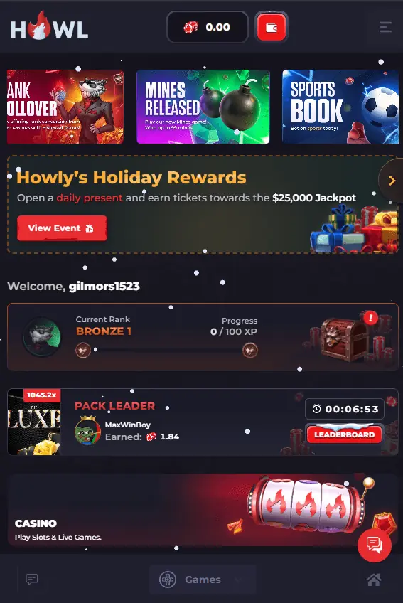 Howl Casino mobile lobby overview