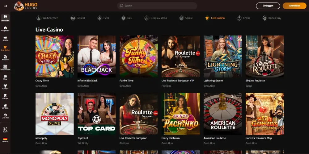 Hugo Casino live-casino lobby on desktop, showing German players game shows and roulette tables – part of our Hugo Casino review for Germany.