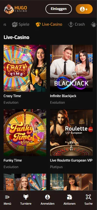 Mobile view of the Hugo Casino live-casino section for German users, displaying Evolution game shows and roulette tables.