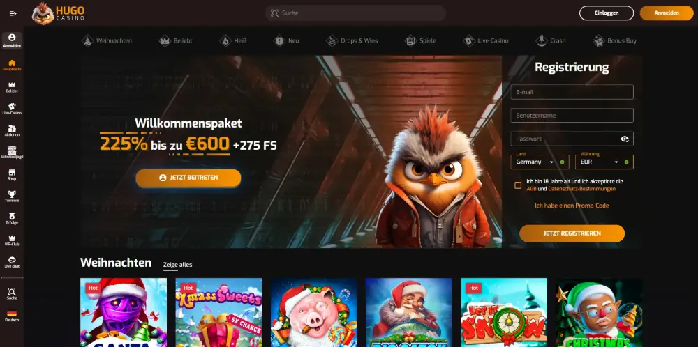 Hugo Casino desktop lobby showing the 2025 welcome bonus for German players and the main game categories.