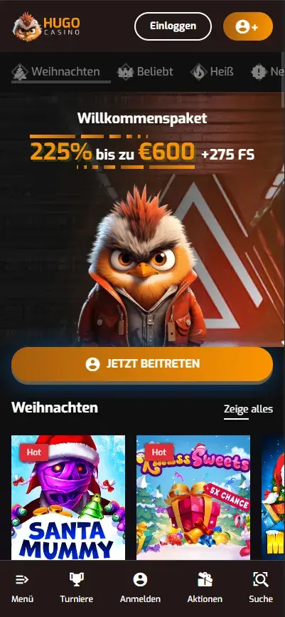 Mobile Hugo Casino lobby with the German welcome bonus offer and Christmas slot selection visible.