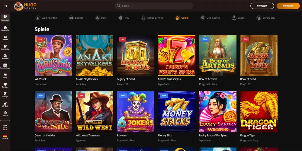 Desktop view of Hugo Casino slot games for German players, including Legacy of Dead, Wild West, and new jackpot titles.