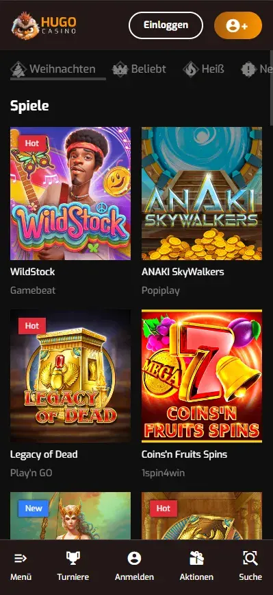 Mobile slot selection at Hugo Casino for Germany, showing popular titles like Legacy of Dead and Coins’n Fruits Spins.