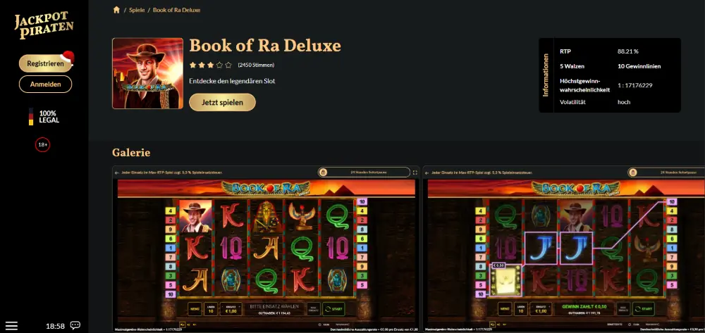 Book of Ra Deluxe slot game page at JackpotPiraten Casino on desktop