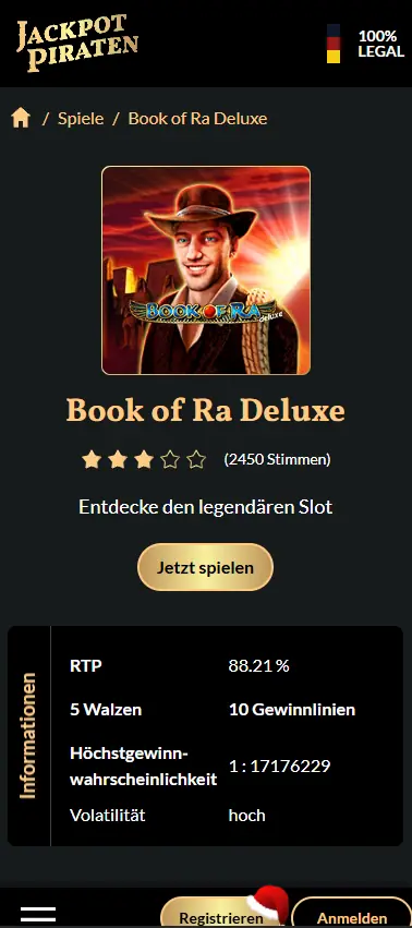 Book of Ra Deluxe slot game shown on JackpotPiraten Casino mobile interface