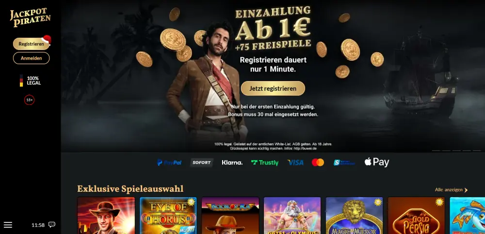 JackpotPiraten Casino lobby for German players displayed on desktop