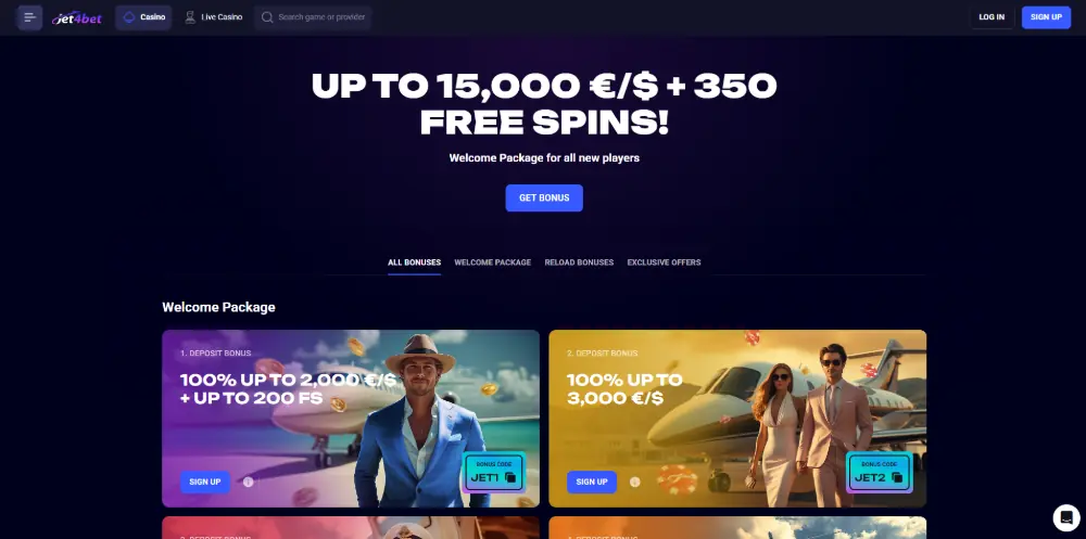 Jet4Bet Casino bonuses page on desktop