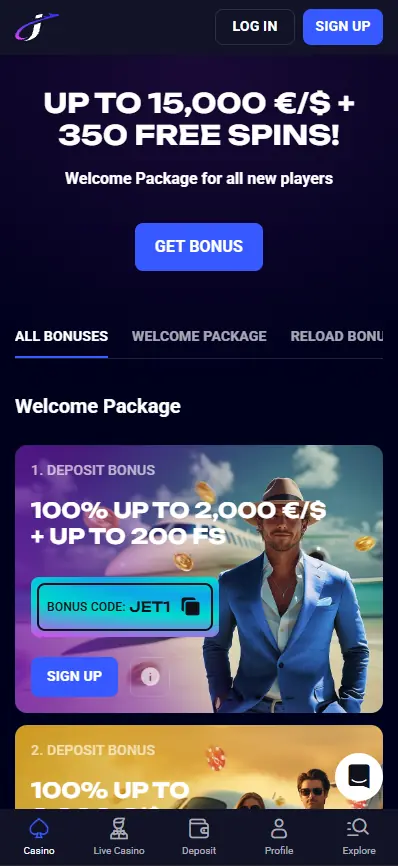 Jet4Bet Casino bonuses page shown on mobile