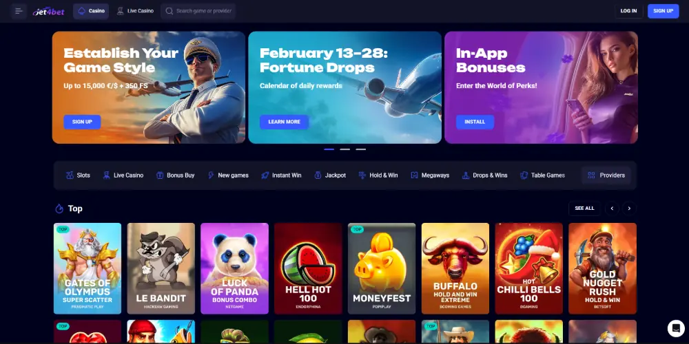 Jet4Bet Casino lobby on desktop