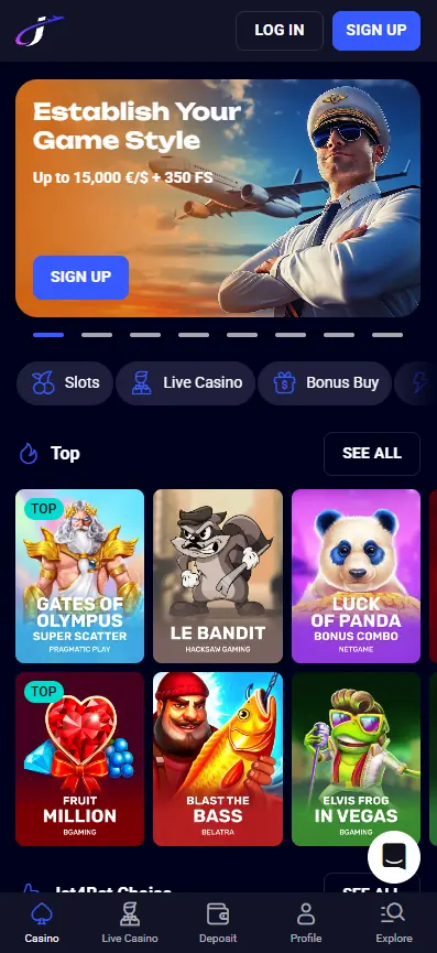 Jet4Bet Casino lobby displayed on mobile phone