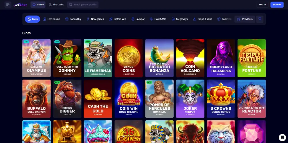 Jet4Bet Casino slots page on desktop