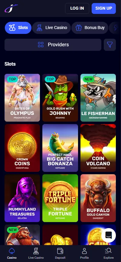 Jet4Bet Casino slots page on mobile
