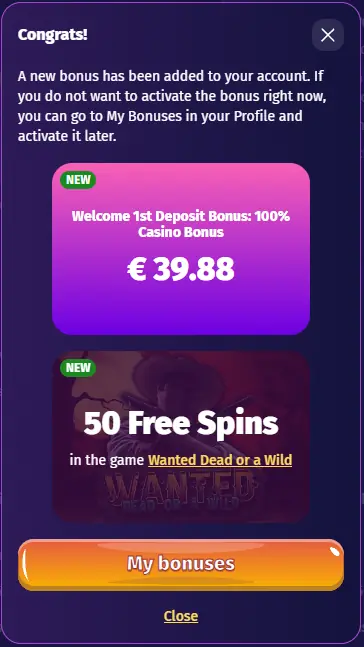 Lolly Spins Casino deposit confirmation popup showing successful Ethereum credit