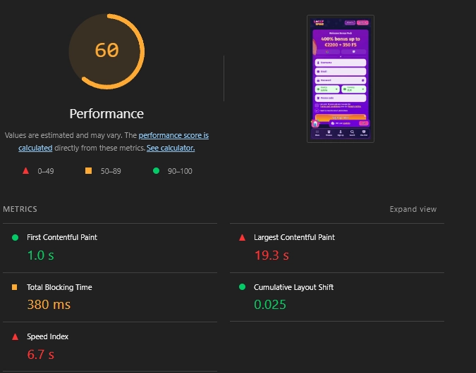 Lolly Spins Casino Lighthouse performance test on mobile - January 2026